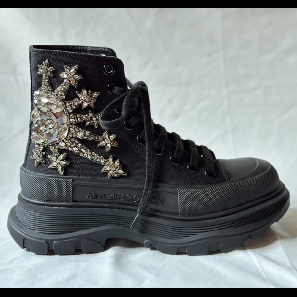 Alexander McQueen Women’s Tread Slick Boot in Black with Crystal Embellishment